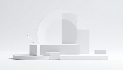 Minimalist white geometric scene with cylinders, prisms, and circular disc—clean abstract composition with light and shadow play.