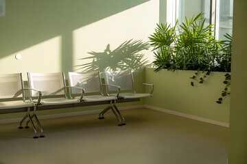 Modern waiting area with sunlight casting shadows, creating a calm and inviting space for patients or visitors to relax