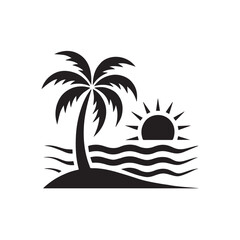 Obraz premium Vector art of black silhouette of a palm tree on a small island with waves and a sun rising over the ocean