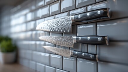 A set of sharp kitchen knives on a magnetic strip, showcasing a clean and organized kitchen aesthetic.