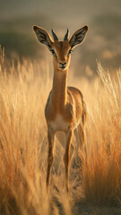 Golden savanna gazelle, cinematic vertical scene with sunlight glinting on fur and sparkling dust