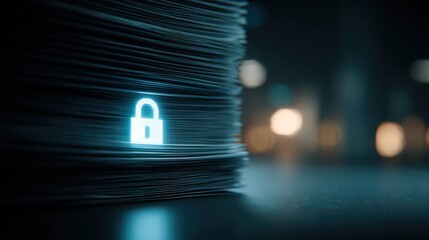 A digital artwork highlighting cybersecurity with a glowing lock icon over a tech background.