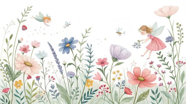 Whimsical watercolor fairies in a spring meadow - floral fairy garden with wildflowers, flying insects, and magical fantasy creatures - nursery wall art, kids room decor, fairy tale illustration
