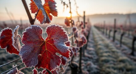 Red grape leaves covered in frost with vineyard rows stretching into a foggy sunset