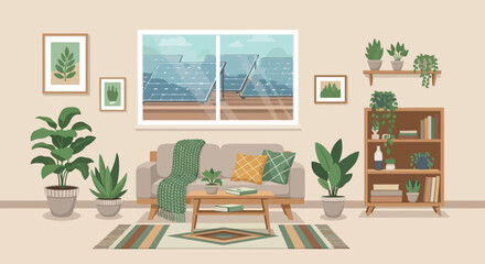 Eco-Friendly Living Room with Solar Panel View, Promoting Sustainable Energy and Green Interior Design Solutions for Eco-Conscious Homeowners and Environmentally Friendly Advertisements.