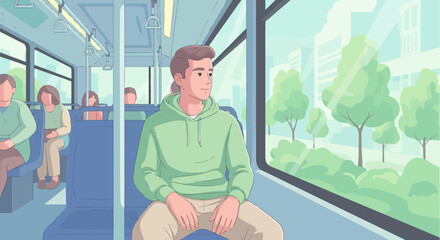 Illustration of a Young Man on Public Transportation Contemplating Urban Life, Depicting Commuting, Travel, and City Living, Ideal for Urban Planning, Lifestyle Articles and Transportation Promotions.