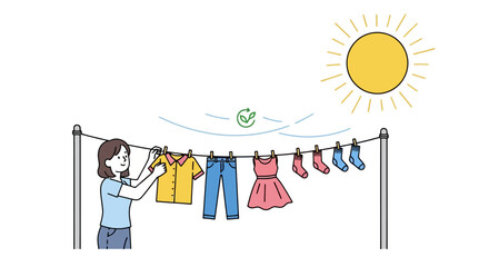 Woman Hanging Laundry on Clothesline Under the Sun, Promoting Sustainable Living and Eco-Friendly Practices for Home Management and Environmental Awareness