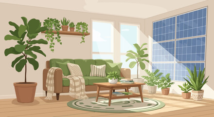 Bright and airy living room interior filled with lush houseplants, creating a peaceful and inviting atmosphere. Showcase design for home decor, interior design projects, and real estate listings.