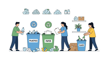 Illustrated depiction of people sorting waste for recycling, highlighting environmental awareness and sustainable practices, suitable for educational materials and campaigns.