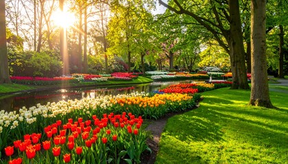 Vibrant Tulip Garden in Spring Sunlight - A Colorful Landscape.