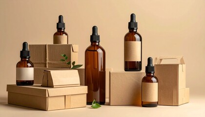 Minimalist amber dropper bottles with blank labels and organic sprig, perfect for showcasing your natural beauty brand or aromatherapy products in a modern way