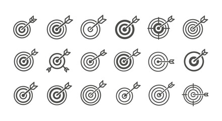 Collection of minimalist target icons with arrows hitting the bullseye, representing success, accuracy, and achievement in various design styles.