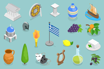 3D Isometric Flat Vector Illustration of Greece, Banner Design Featuring Cultural Elements For Travel Inspiration