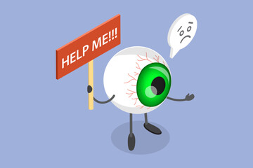 3D Isometric Flat Vector Illustration of Sad Eye, Cute Human Eyeball In Distress Seeks Assistance