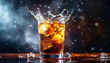 Refreshing cola with ice cubes creating a dynamic splash, perfect for summer ads or beverage promotions, capturing energy and visual appeal
