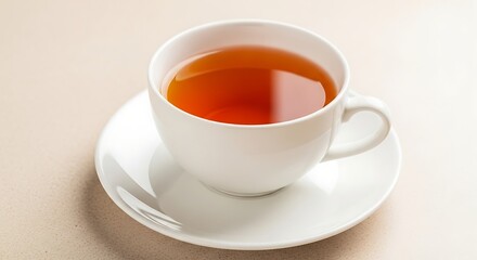 A close-up shot of a white cup filled with dark amber-colored liquid, resting on a matching saucer. The background is a soft beige tone