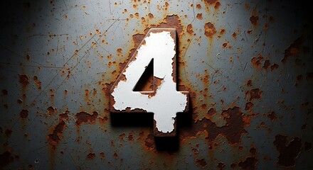 A close-up shot of a white painted number 4 overlaying a worn, rusty metal surface. The background is dimly lit