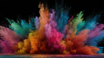 Colorful explosion of powdered pigments creates a vibrant display against a dark background