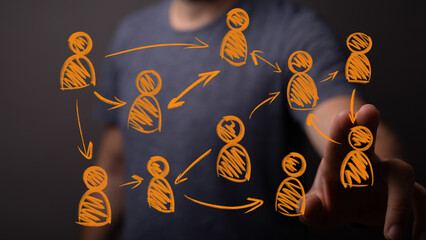 Abstract visualization of interconnected people icons forming a dynamic digital network,...