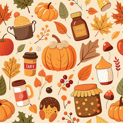 Cute autumn pattern with pumpkins, leaves, mushrooms, acorns, and cozy jars in warm orange, brown, and yellow tones — seamless fall background in a whimsical cartoon style