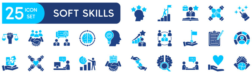 Soft skills glyph icon set – Includes communication, teamwork, leadership, creativity and adaptability. Editable stroke. Colored vector illustration.