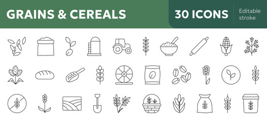Grains and cereals icon set  outline agriculture, farming, food production vector illustrations