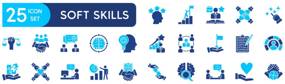 Soft skills glyph icon set &ndash; Includes communication, teamwork, leadership, creativity and adaptability. Editable stroke. Colored vector illustration.