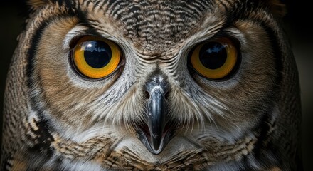 Fototapeta premium Close-up of a great horned owl with intense yellow eyes and detailed feathers