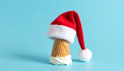 Upside-down vanilla ice cream cone topped with Santa hat on light blue background—playful blend of summer and holiday cheer.