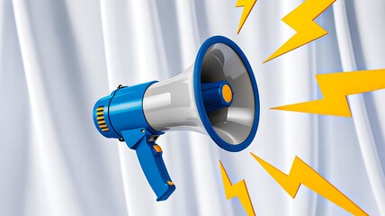 Blue megaphone with yellow lightning bolts symbolizing communication and marketing announcement
