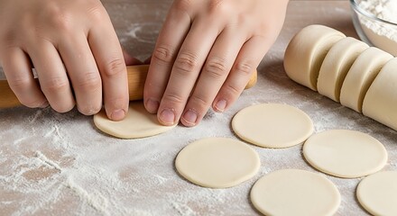 A close-up shot of hands rolling out dough with a wooden pin. Several circular dough pieces are on a surface