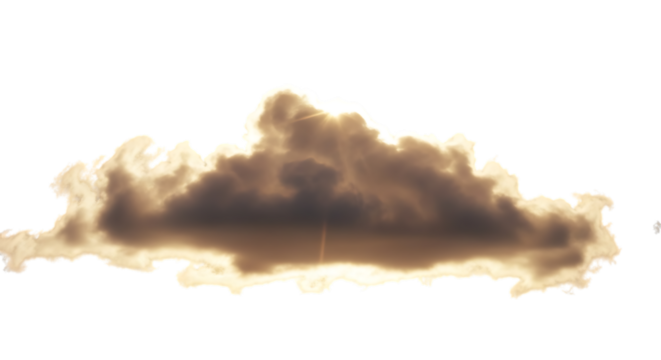 A dramatic, sunlit cloud isolated on transparent background, its dark, smoky hues contrasting with the radiant glow, creating a powerful and evocative image of natures raw energy and the beauty of atm