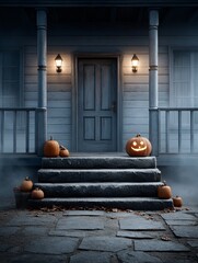 Halloween haunted house with dark horror atmosphere and spooky decorations