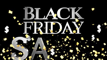 Black Friday sale event with falling gold confetti and silver dollar signs creating a festive discount atmosphere for shopping deals and special offers on this major retail day.