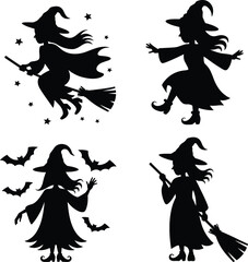 Fototapeta premium Four Witch Silhouettes Flying Dancing Casting Spells Surrounded Bats Stars Translucent Backdrop