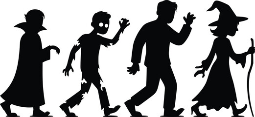 Obraz premium Halloween Costumes Collection Silhouette Figures Spooky Group Vampire Zombie Man Witch Cartoon Characters Walking Together