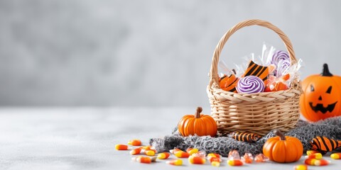 Wicker basket filled with colorful Halloween candies, surrounded by small pumpkins, candy corn, and festive decorations on a gray background, creating a bright and cheerful holiday scene.