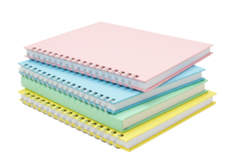 Isolated Stack of colorful pastel spiral notebooks. Back to school stationery supplies
