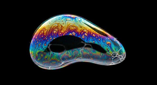 A close-up shot on black of an iridescent soap bubble featuring a unique and complex organic shape with internal structure