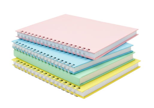 Isolated Stack of colorful pastel spiral notebooks. Back to school stationery supplies - Powered by Adobe
