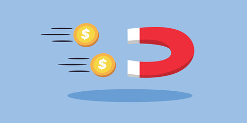 Magnet attracting gold dollar coins financial concept, ideal visual metaphor for finance, economics, success, and business strategy content