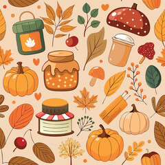  autumn pattern with pumpkins, leaves, mushrooms, acorns background