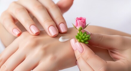 Fototapeta premium Womans hands applying moisturizing cream with a delicate pink rosebud.