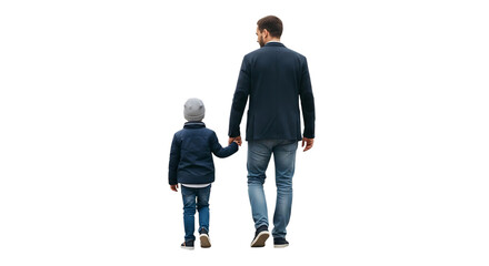 Father and son holding hands walking away from camera child family, isolated on a white or transparent background, cutout, PNG
