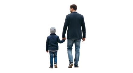 Father and son holding hands walking away from camera child family, isolated on a white or transparent background, cutout, PNG