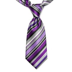 Purple and silver striped necktie tied against white background