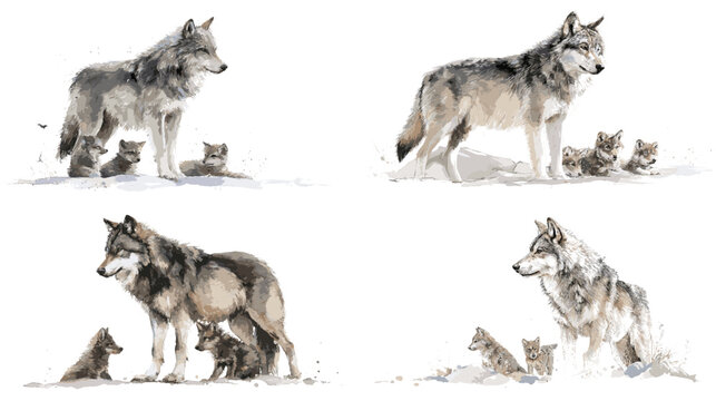 Watercolor painting of wolf family in natural setting. Detailed fur texture and soft winter tones, symbolizing protection and unity. Perfect for wildlife art, decor, or educational projects.