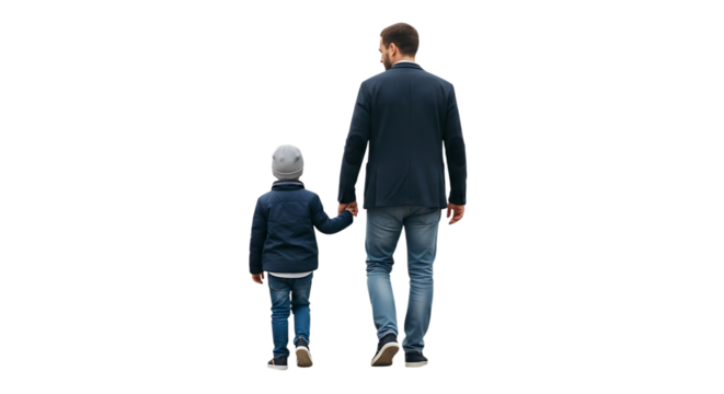 Father and son holding hands walking away from camera child family, isolated on a white or transparent background, cutout, PNG