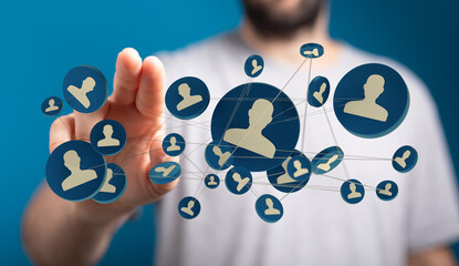 Person touching virtual network of connected people. Networking and communication for social media and business, modern innovative technology.