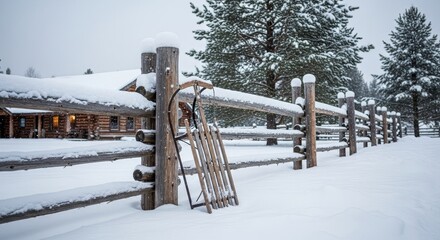 Snowy scene with log fence vintage sled and cabin backdrop under snowladen trees